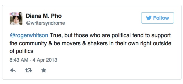 @rogerwhitson True, but those
who are political tend to support the community & be movers & shakers
in their own right outside of politics