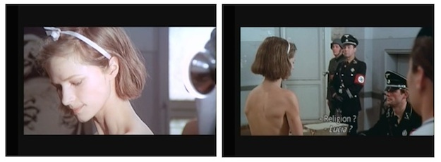 Left: Lucia’s memory of being filmed by Max. Right: Lucia’s memory of the end of her admission scene at the camp, with “medical visit” and the forced, asymmetrical nudity that characterized deportation camps.